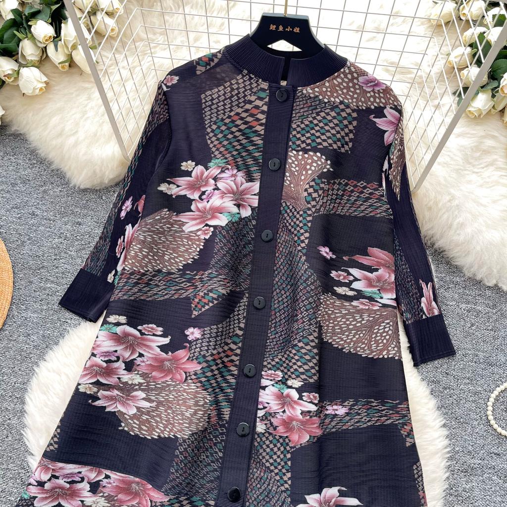 Contrast Color Printed Pleated Shirt Dress Women's Lapel Single Breasted 3/4 Sleeve Cardigan Dresss High-quality