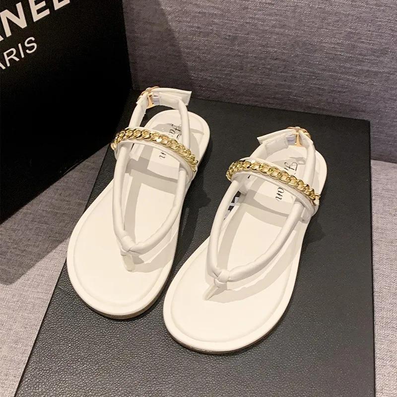 Fashion 2024 Shoes Woman  Trend Ladies Shoes New Fashion Metal Chain Women's Slippers Summer Flat Casual Beach Flip Flops  Women