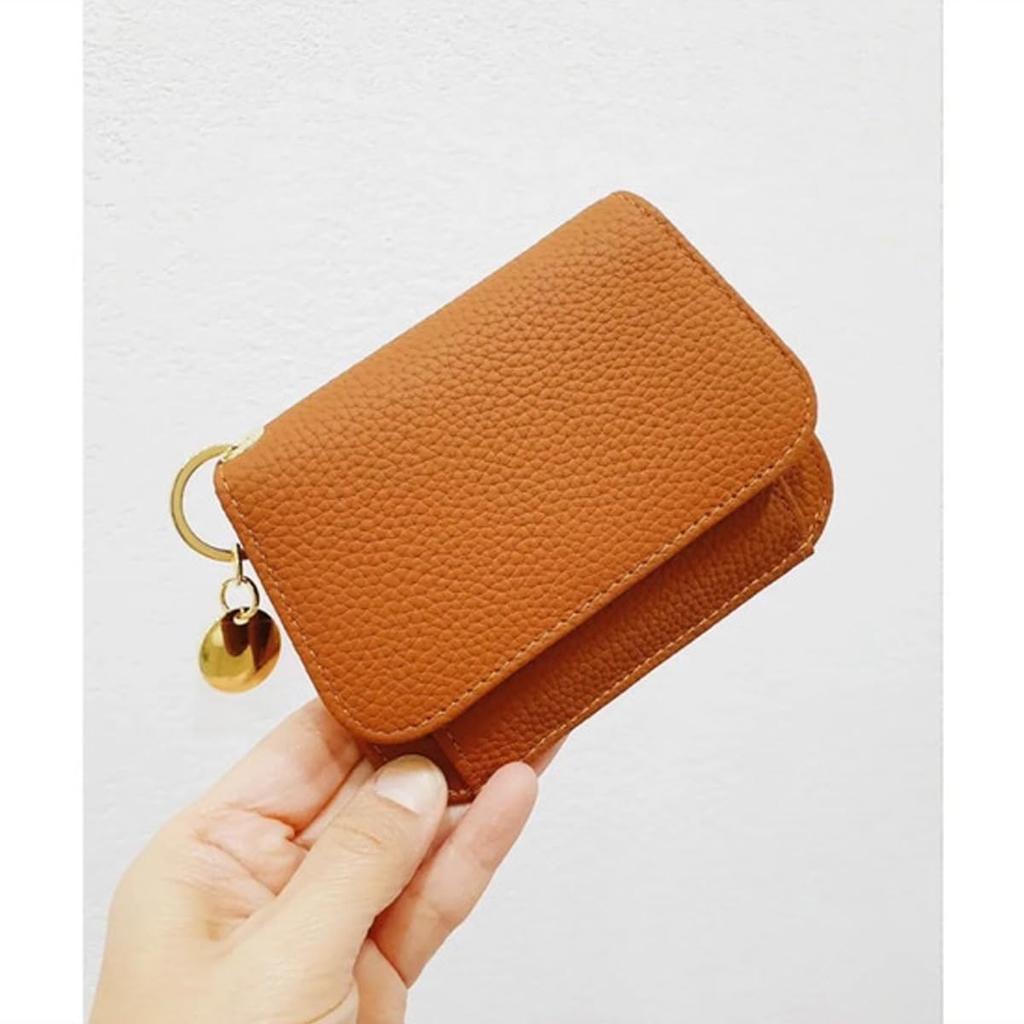 Women's Mini Wallet, Cowhide Leather, Small, Skimming-Proof, Cute, Coin Purse, Simple, Compact, Half Macaron Pattern (Grey Beige)