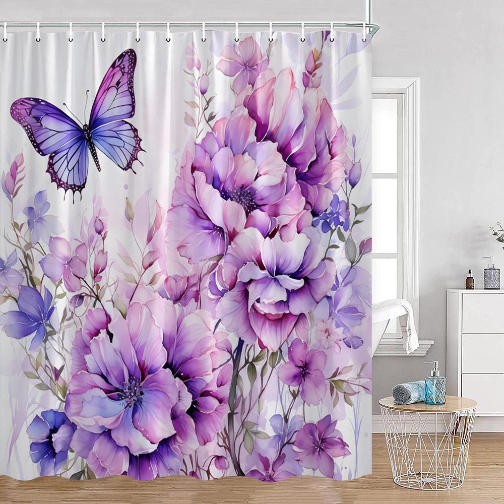Watercolor Flowers Shower Curtains Colorful Flower Green Plants Botanical Bathroom Decorations Modern Aesthetic Bath Curtains