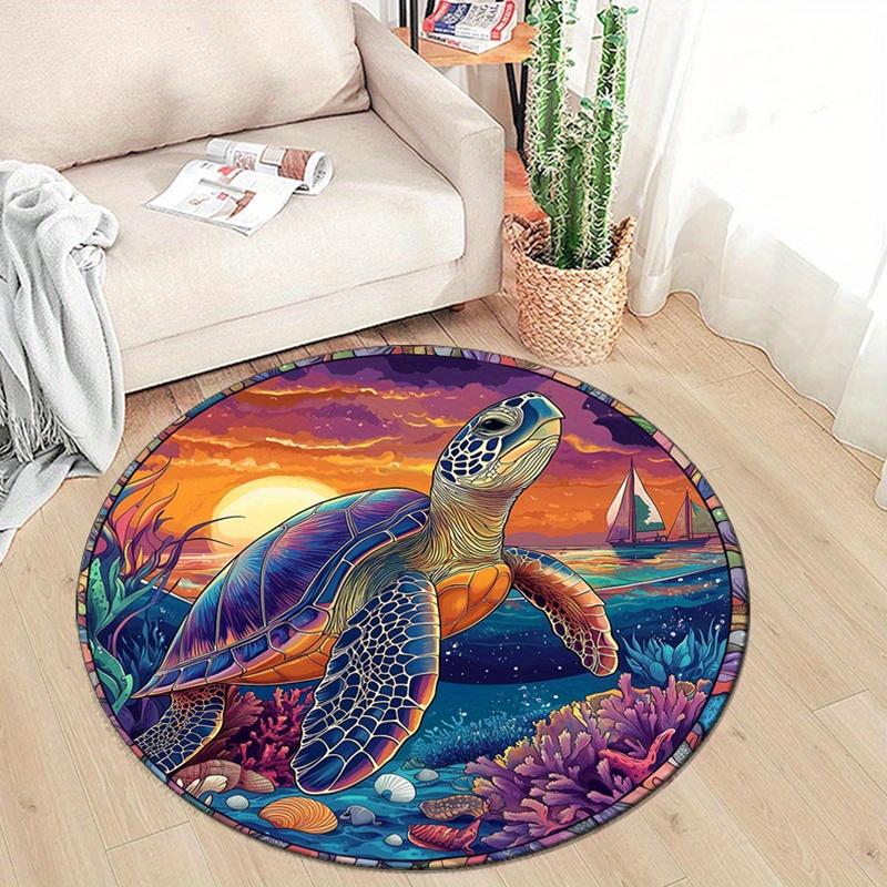 Sunset Turtle Abstract Design Round Area Rug - Soft Polyester, Non-Slip, Perfect for Bedroom & Living Room Decor,