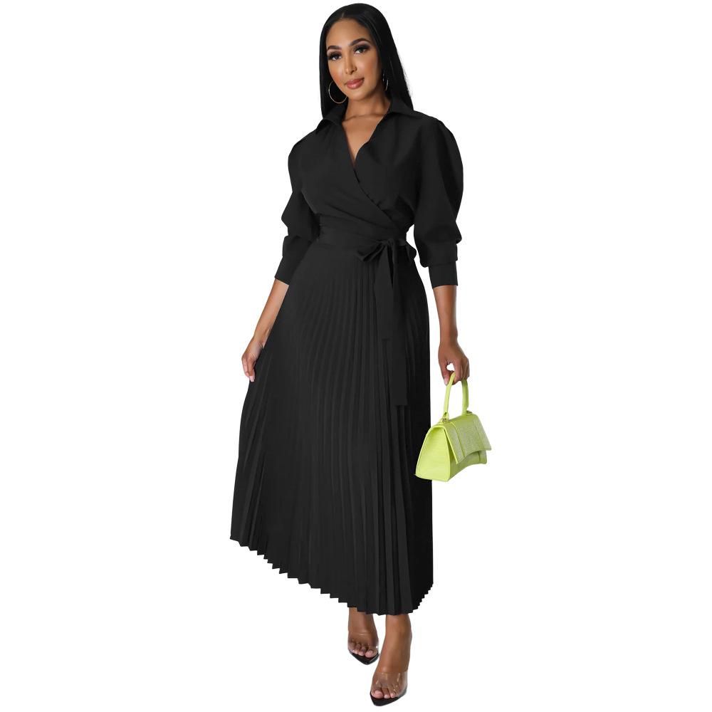 Cross-Border Europe Spring Long Sleeve Polo Collar High Waist Pleated Women's Casual Dress