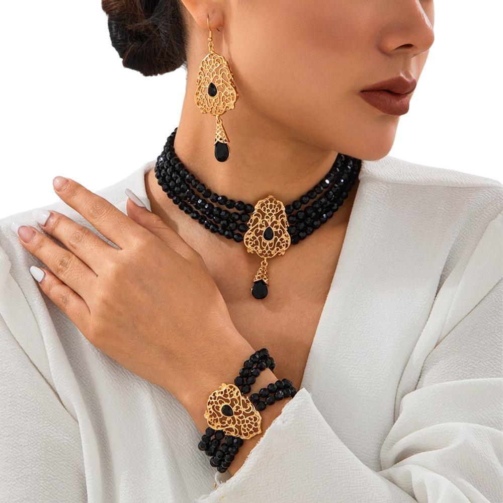 Multilayer Pearl Beaded Bracelet Shiny Necklace Earring Set Temperament Bridal Jewelry Set  Lady