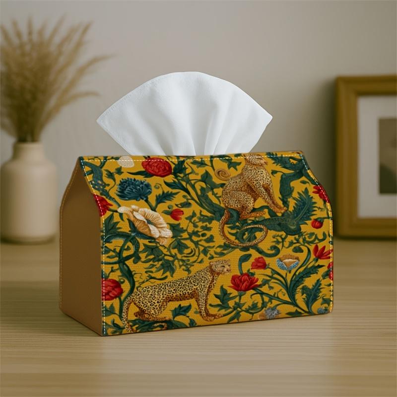 1pc Tropical Jungle Tissue Box with Leopard Bird Pattern Yellow&Green-Fabric Napkin Storage Organizer for Kitchen,,Elegant Decorative Box,Purpose for
