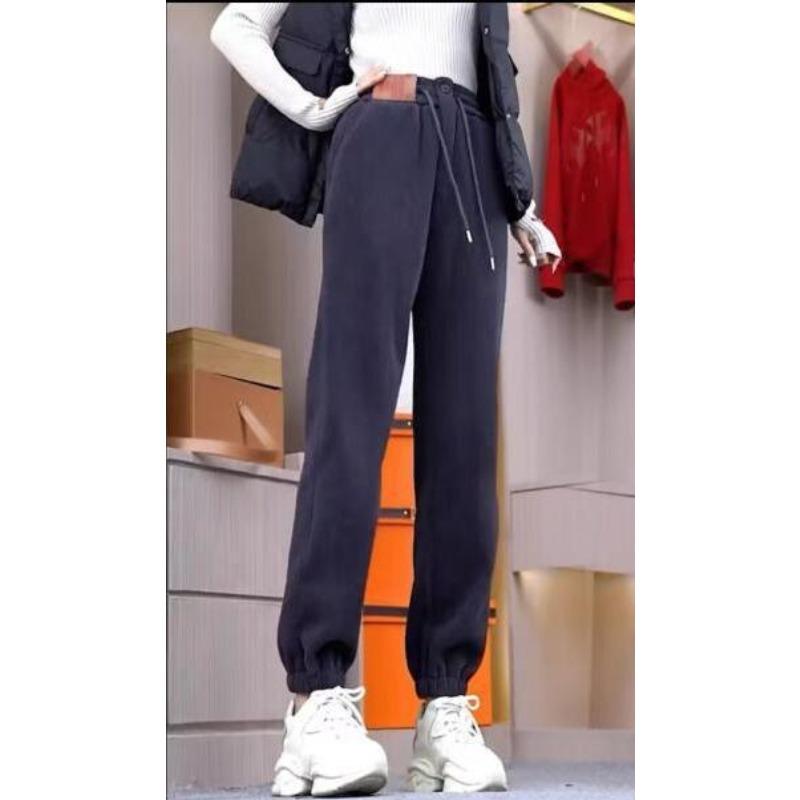 Plush Plus Velvet Thickened Autumn and Winter Large Size High Waist Wear Warm Casual Foot Ties Sports Harunwai Pants Trousers Women's Clothing