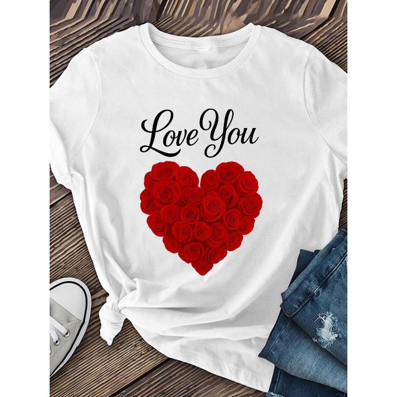 European Size Women'S Love You Rose Heart Print T-Shirt - Soft Breathable Fabric,Casual Round Neck Short Sleeve Top, Spring Summer Fall Casual Attire