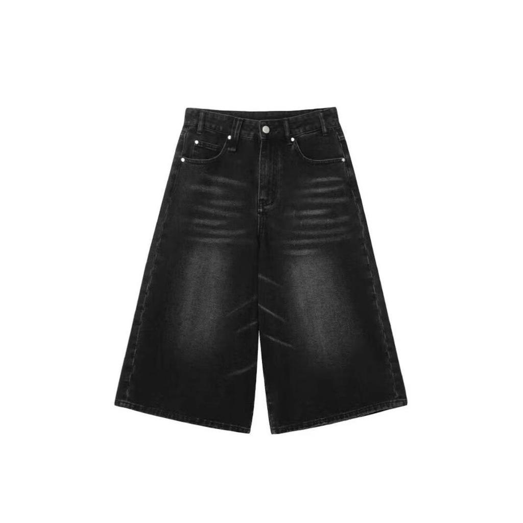 Damen American Style Retro Schwarze Denim Capri-Hosen - Sommer Locker Mittellang Fünf-Punkt Gerade Bein Übergröße Shorts