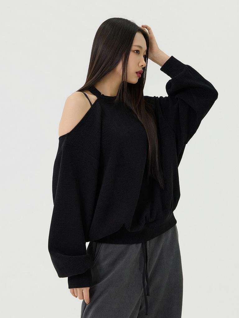 Beidipi Cutout Halter Neck Long Sweatshirt, Black