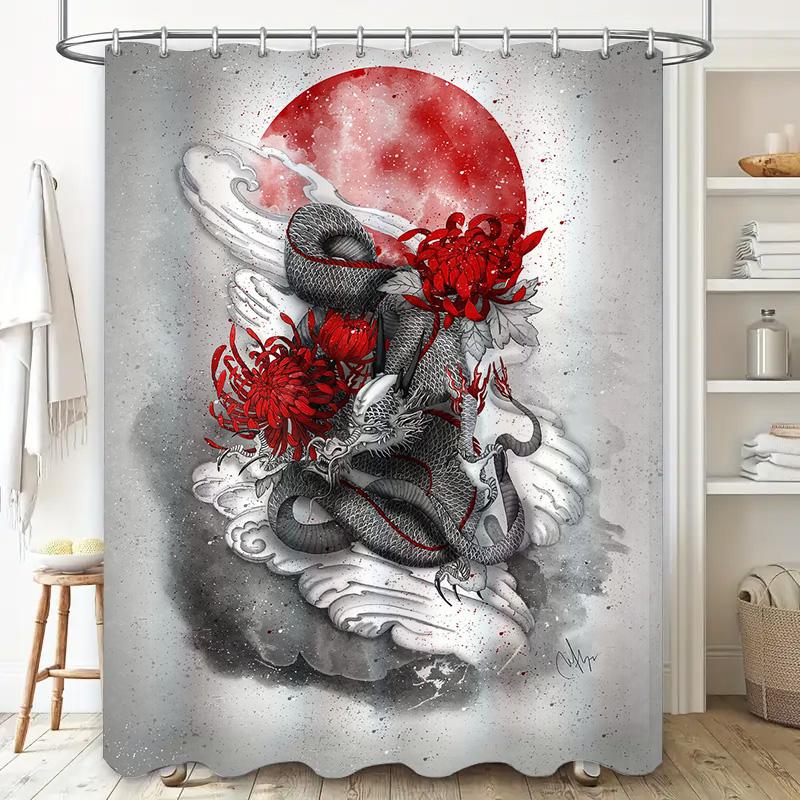 Red Chrysanthemums Snake Print Shower Curtain Premium Waterproof Decor For Bathroom (128 Characters)