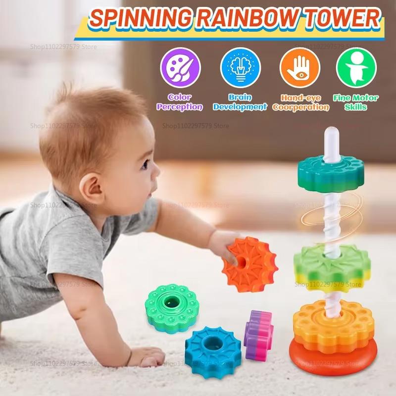Montessori Rotating Rainbow Tower Baby Stacking Puzzle Toy Colorful Educational Gift Safe Environment Friendly Toddler Play Ramp