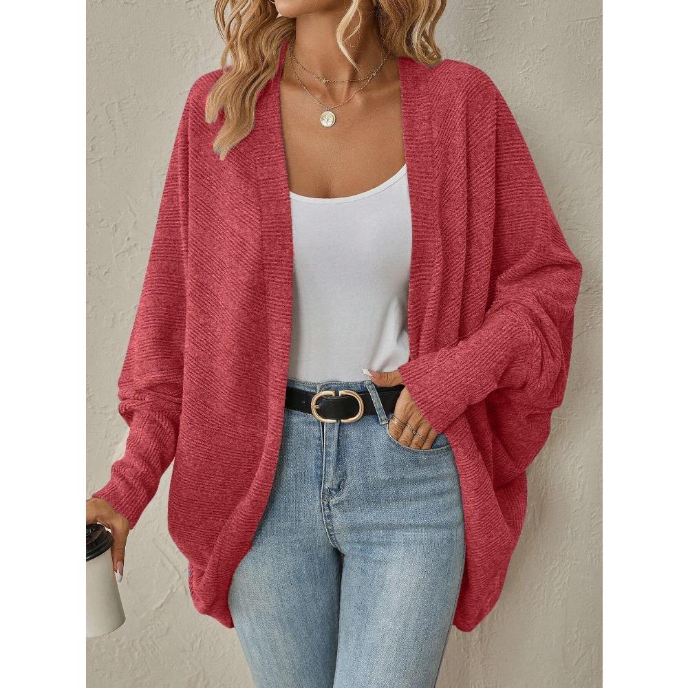 Women New Arrival Solid Medium Length Knit Cardigan, Autumn Winter Casual Open Front Knitted Sweater