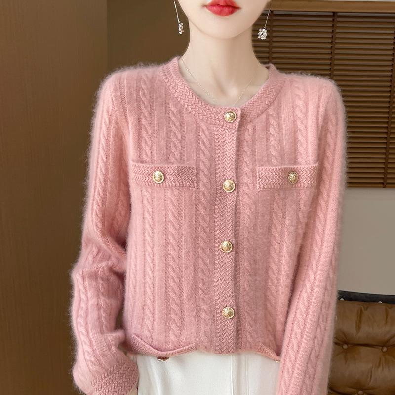 New Autumn and Winter Style Pure Wool Round Neck Knitted Cardigan for Women's Fashionable Versatile and Comfortable Cashmere Sweater Jacket