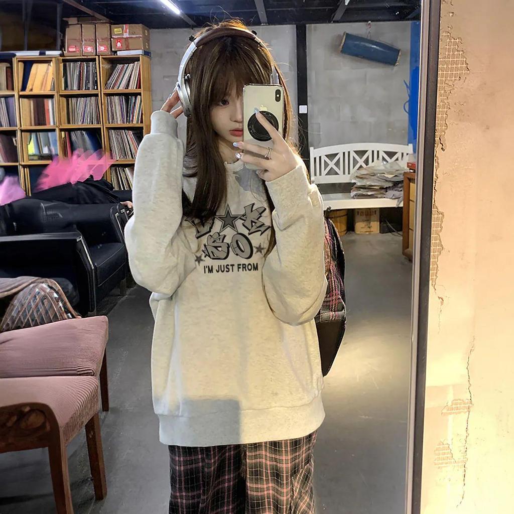 Women's INS Style Korean Loose Fit Sweatshirt - Pure Cotton, Round Neck, Plus Velvet, Long Sleeve Top for Fall, Winter, Spring.