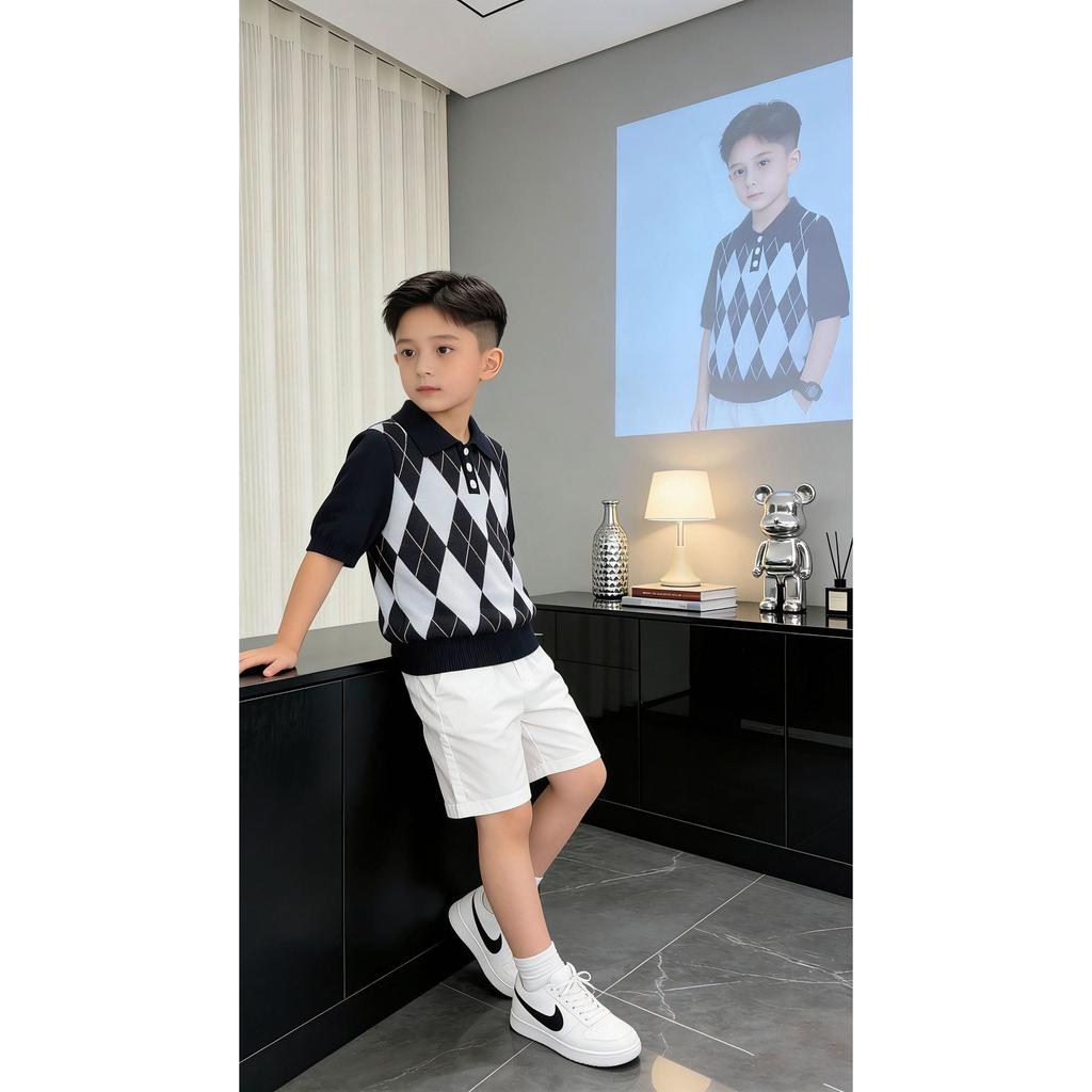 Summer Kids Knit Polo Shirt Short Sleeve Argyle Pattern T-Shirt Unisex Baby Fashion Casual Sweater Top
