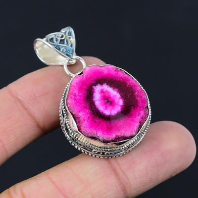 Womens Day Sale Sterling Silver Natural Pink Solar Quartz Druzy Pendant Jewelry