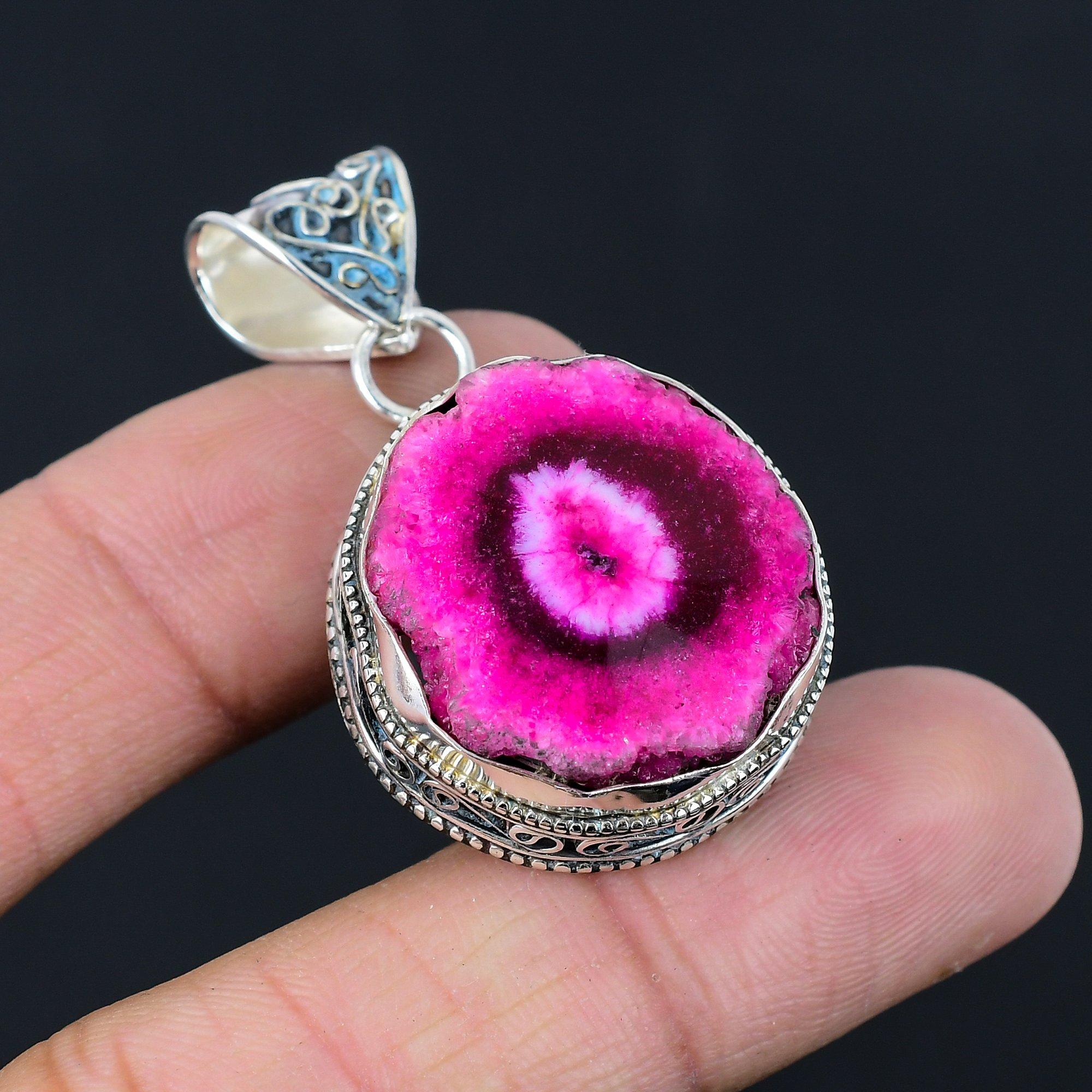 Womens day Sale Sterling Silver Natural Pink Solar Quartz Druzy Pendant Jewelry