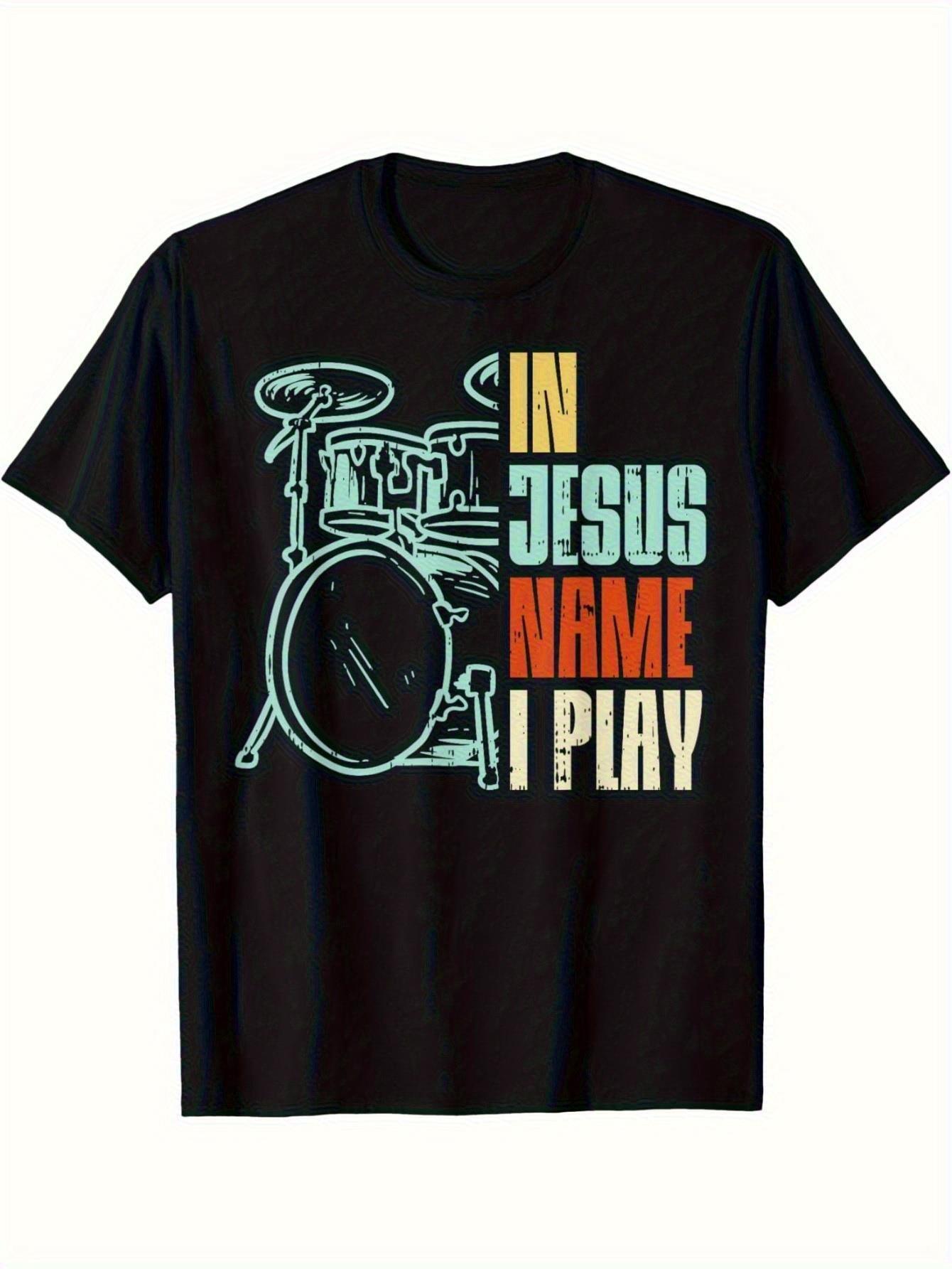 Christian Drummer Mens TShirt  Black in Jesus Name I Play Drum Graphic Tee Vibrant Color Block Lettering S