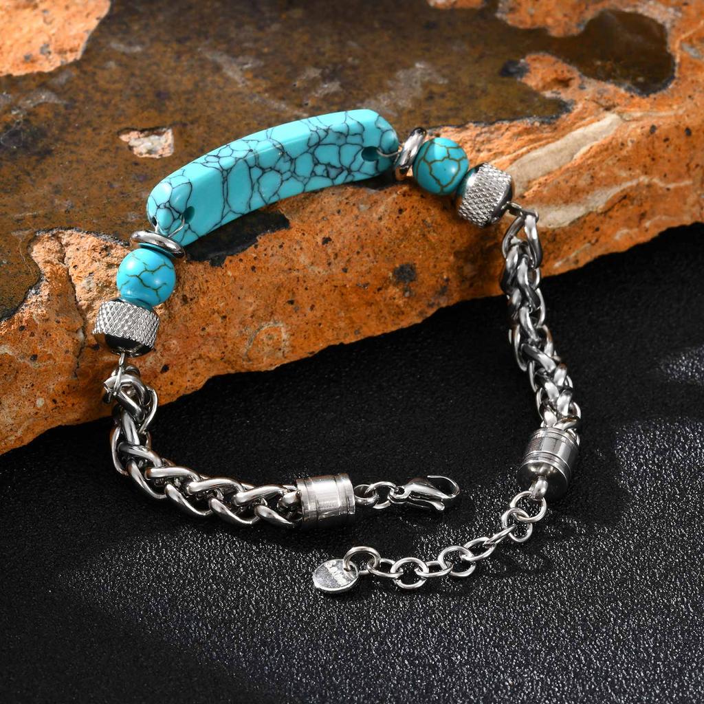 Trendy Natural Tiger Eye Stone Turquoise Bracelet for Men, Stainless Steel Adjustable Wristband, Punk Fashion Jewelry Gift