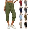 Women Casual Solid Color Elastic Waist Drawstring Capri Pants with Pockets Lightweight Breathable Summer Cotton Linen Blend