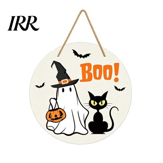 Haunted House Door Sign Halloween Hanging Sign, Wooden Front Hanger Wreath, Cute Eye-catching Ghost Welcome for Porch Wall Indoor Home Decoration E