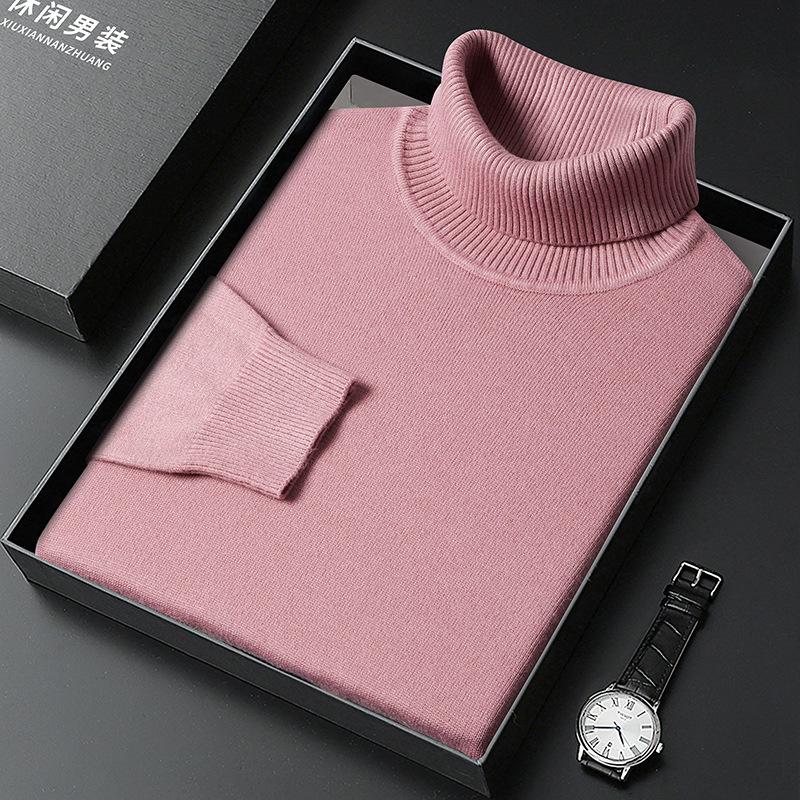 Men's High Neck Knit Sweater - Warm Solid Color Pullover for Middle-aged and Young Men