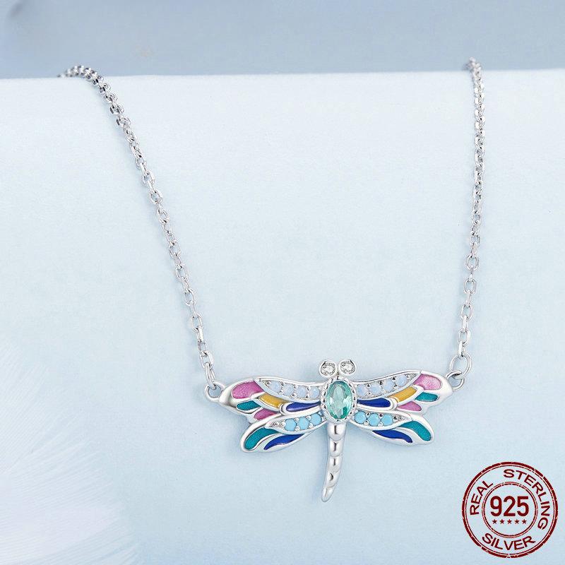 Colier cu pandantiv cu libelule smalț colorat din argint S925, lanț delicat pentru gât de insecte pentru femei, cadou de Ziua Îndrăgostiților