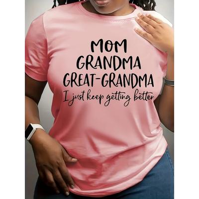 Women's Plus Size Pink 'MOM GRANDMA GREAT-GRANDMA' Print Tee 100% Polyester Slight Stretch Crew Neck All-Season Casual Top