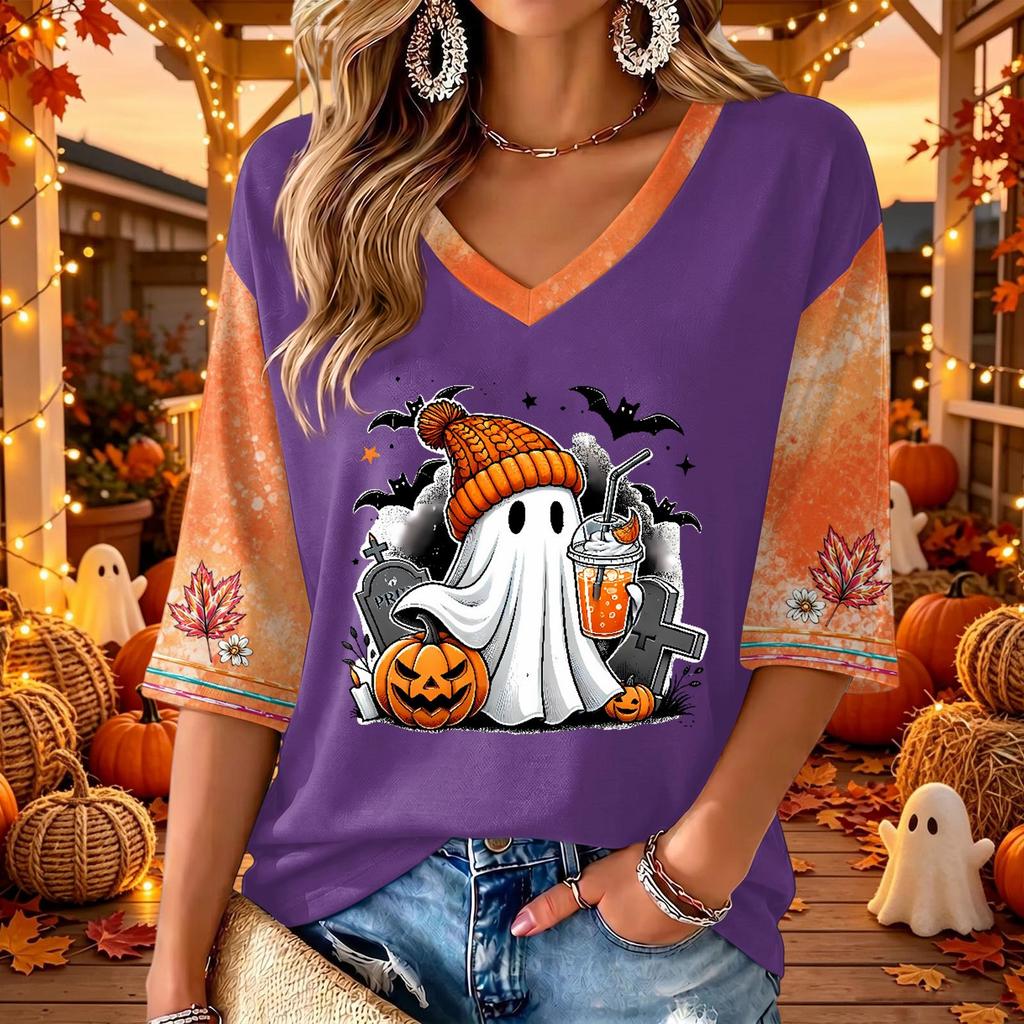 Women's Halloween Print V-Neck 3/4 Sleeve Casual Blouse Top