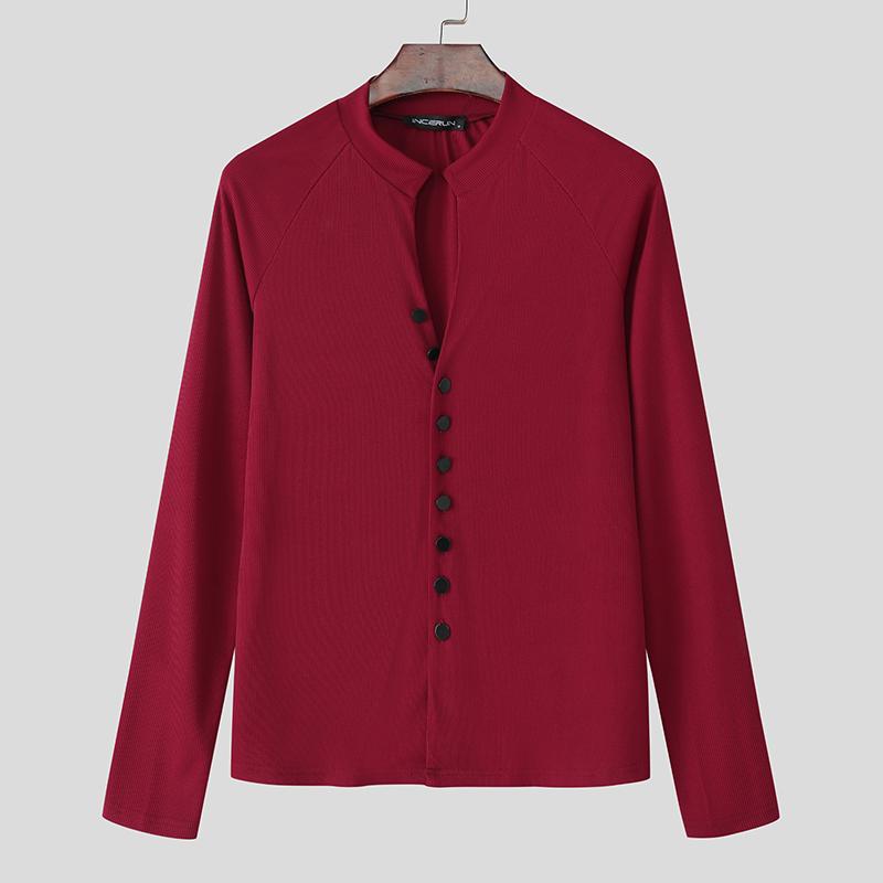 

INCERUN Men Long Sleeve Buttons Casual Slim Rib T-shirts Tops 5XL красный