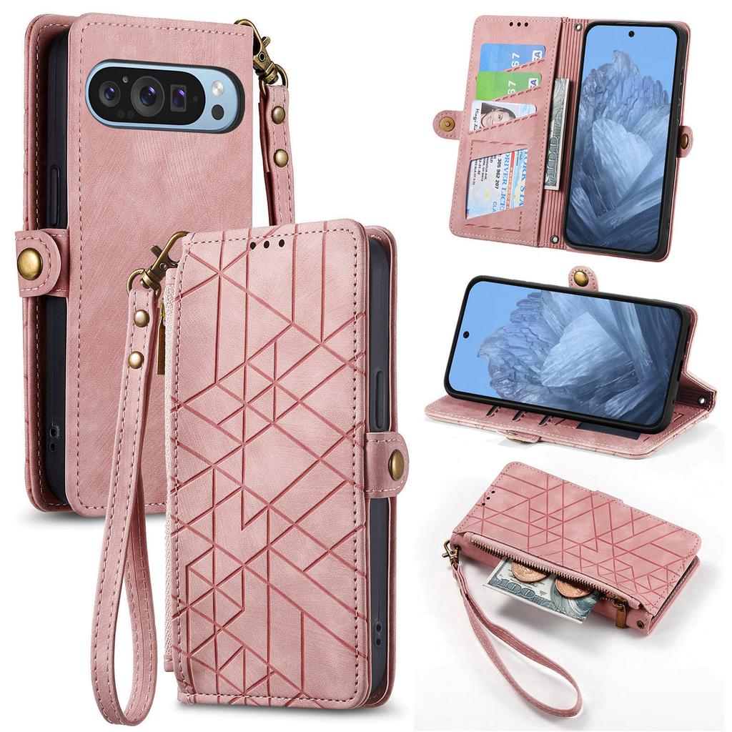 Geometric Embossed Flip Zipper Card Holder Wallet Leather Case for Google Pixel 11 Pro XL 10 9 8 7 6 A Shockproof Stand Cover