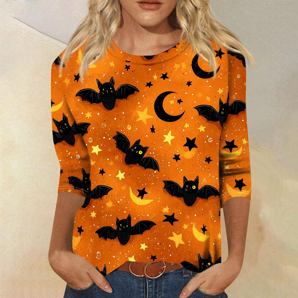 Women's Casual Round Neck Three Quarter Sleeve Halloween Print T Shirt Top Lightweight Soft Fabric Comfortable Fit