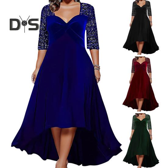 Women Prom Party Dress Low-cut V Neck Plus Size Big Hem A-line Half Sleeve Shiny Sequin Patchwork Irregular Hem Ankle Length Lady Spring Fall Maxi