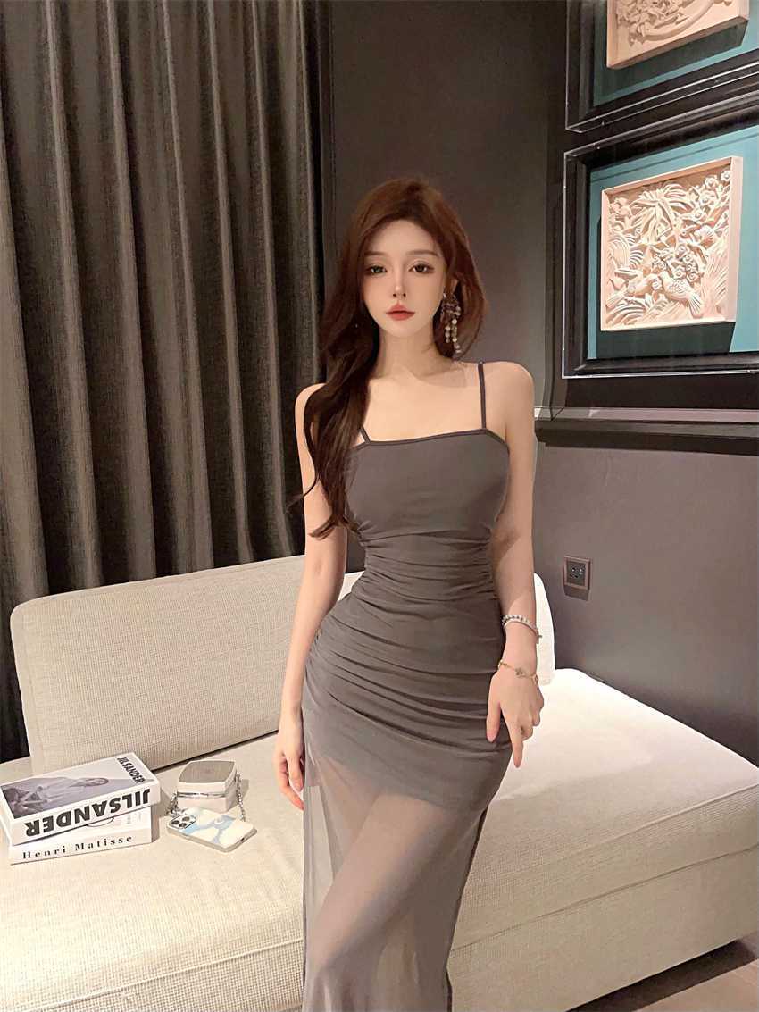 French pure desire wind split suspender dress summer new beautiful seaside vacation mesh dress women S темно-серого