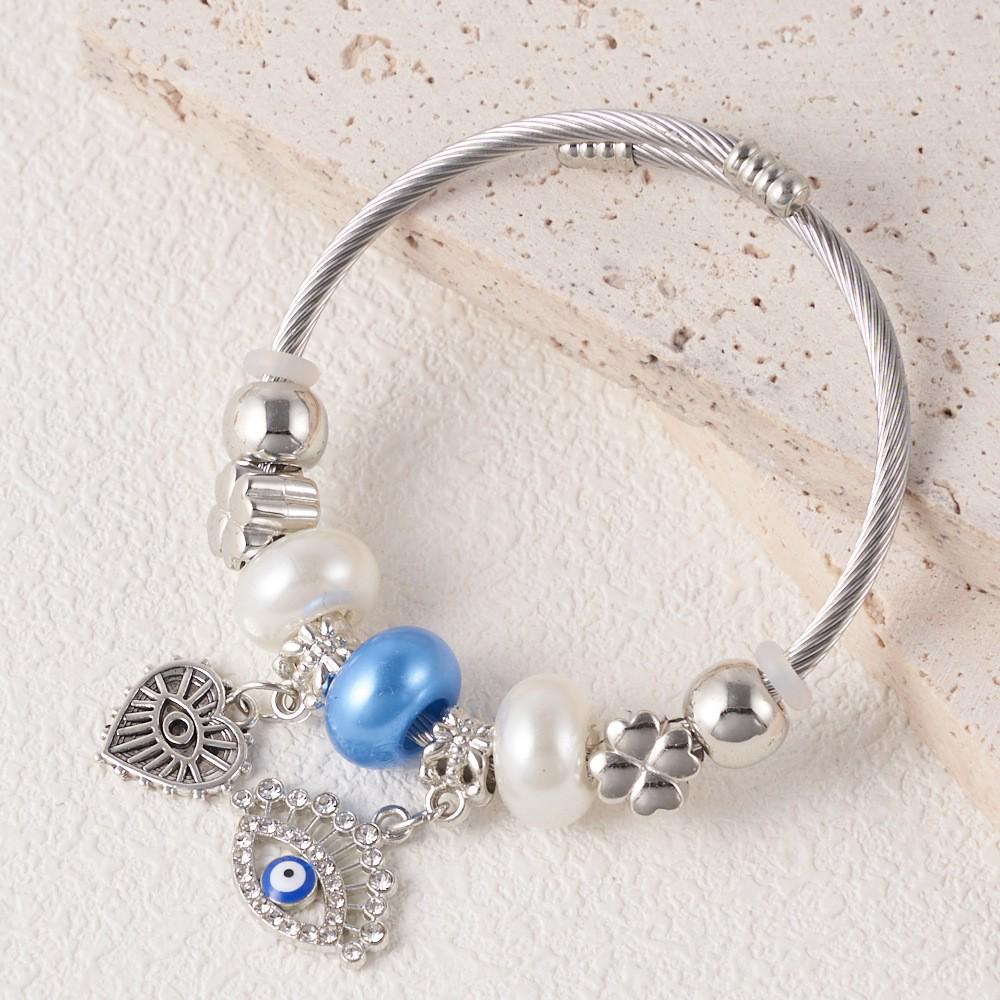 Temu Tree of Life Pendant with Stainless Steel Pandora-Style Bangle, Fashionable Beaded DIY Bracelet.