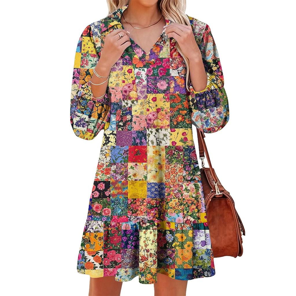 Women's Fashion Elegant Autmn And Winter Long Sleeve V,Neck Christmas Print Dress