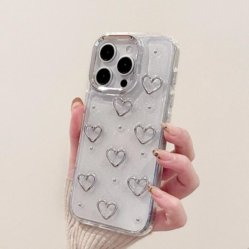 Glitzer 3D Silber Herz Handyhülle Für iPhone 17 16 15 14 13 12 11 Pro Max 7 8 Plus X XS Epoxid Hülle Mädchen Klare Abdeckung