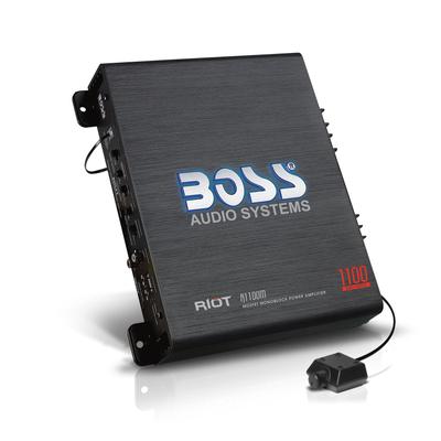 BOSS Audio Systems R1100M Riot Series Zesilovač subwooferu do auta 1100W Monoblokový stereo zesilovač se stabilní úrovní Ohmů Napájení MOSFET x x x x