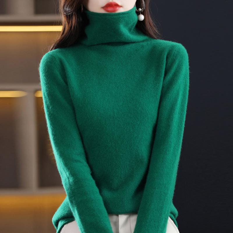 Women's 100% Wool Rolled Edge Turtleneck Sweater - Loose Fit Pullover Knit Base Layer