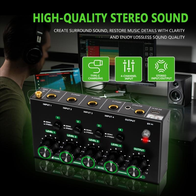 4 Input Auditory Controller Precise Volumes Adjustment Seamlessly Connection For Live Streaming Recording