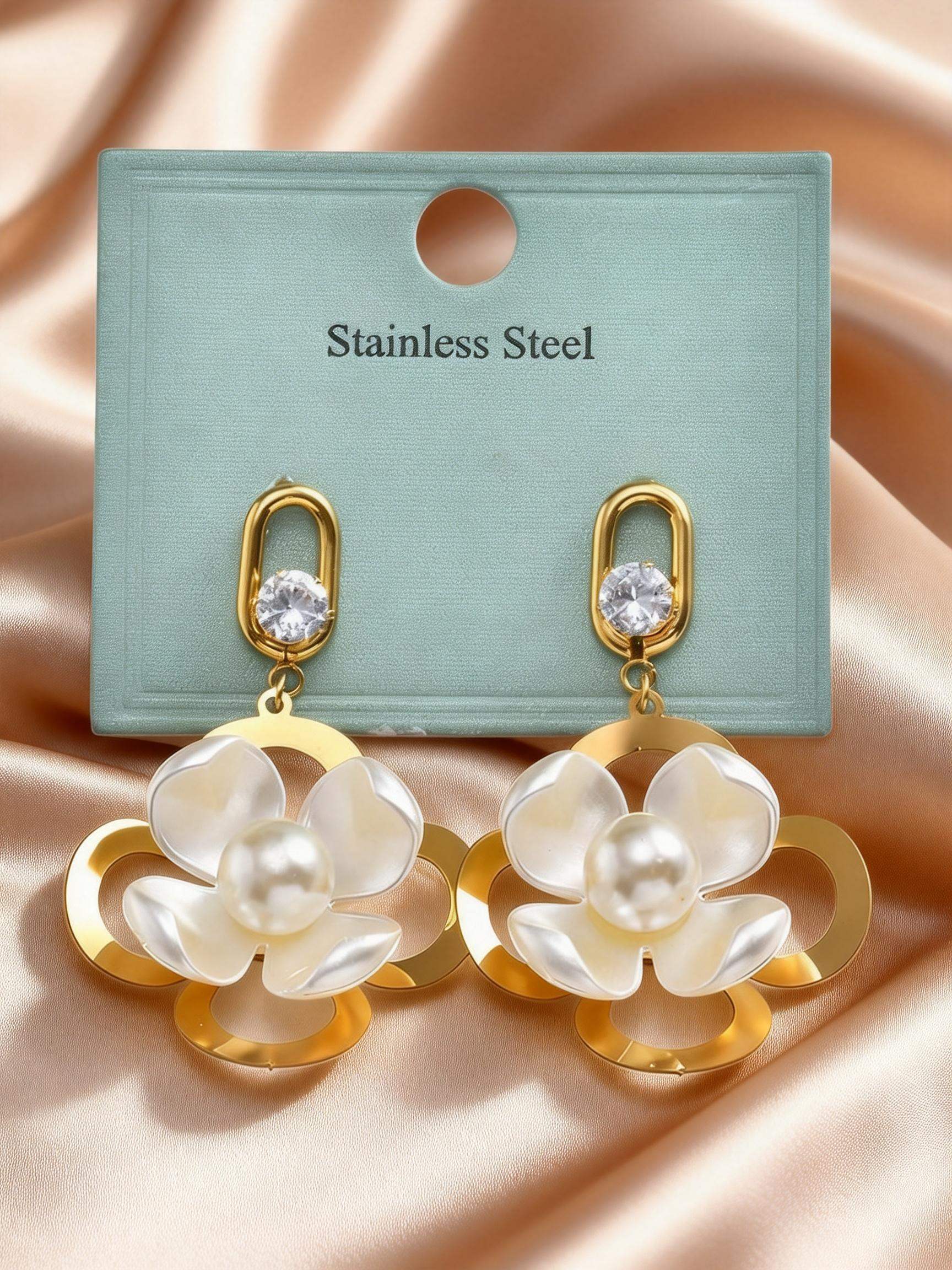 Elegant Korean Style Stainless Steel Simulated Pearl Flower Zircon Big Drop Earrings for Women, Chic Charming Piercing Jewelry