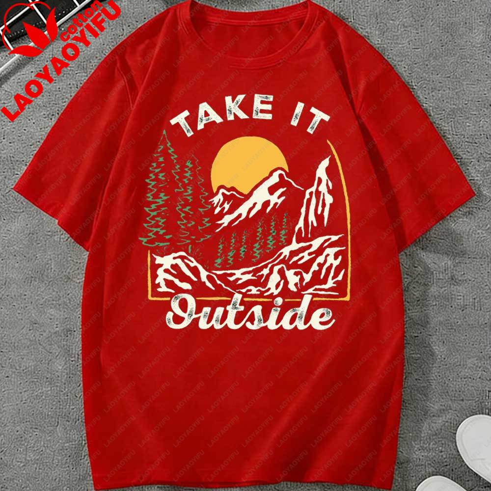 Retro Take It Outside Mountain Sunset TShirt Vintage Outdoor Graphic Cotton Casual Tops Perfect Gift for Hiking Camping Lovers