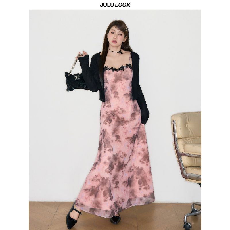 Julu Studio "Flower Dream Summer" Slightly Oversized Girls Pure Desire Lace Stitching Printing Suspender Skirt Plus Size Dress