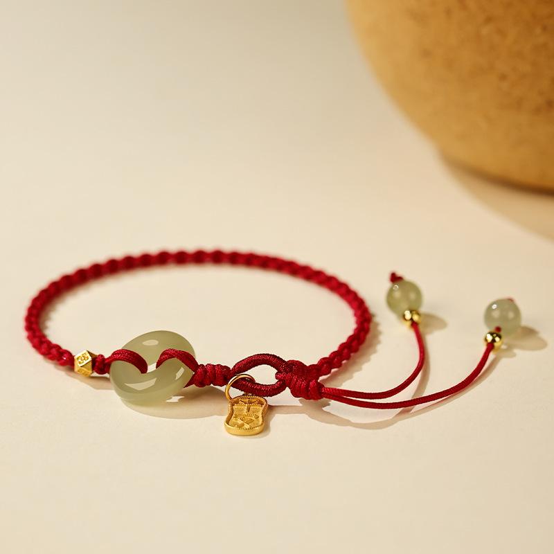 Natural Hetian Jade Peace Buckle Red Rope Bracelet for Women, Light Luxury Niche Exquisite Zodiac Jewelry