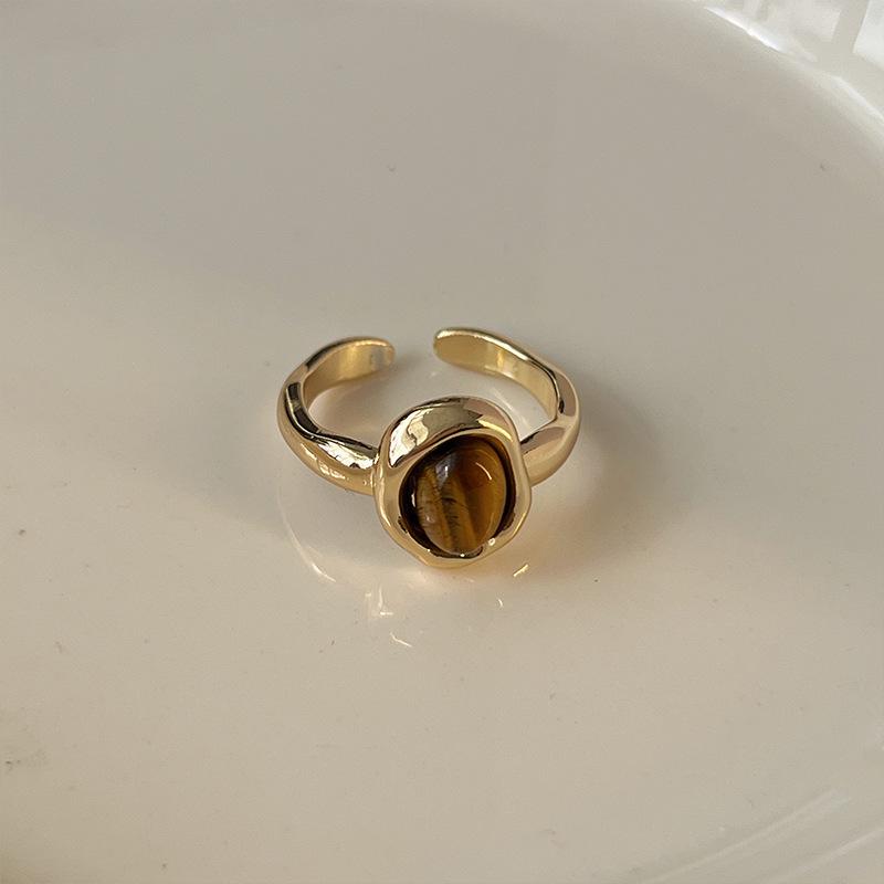 Retro Tiger's Eye Stone Finger Ring Fashion Brown Stone Rings for Women Opening Adjustable Gold Color Rings Jewelry Gifts