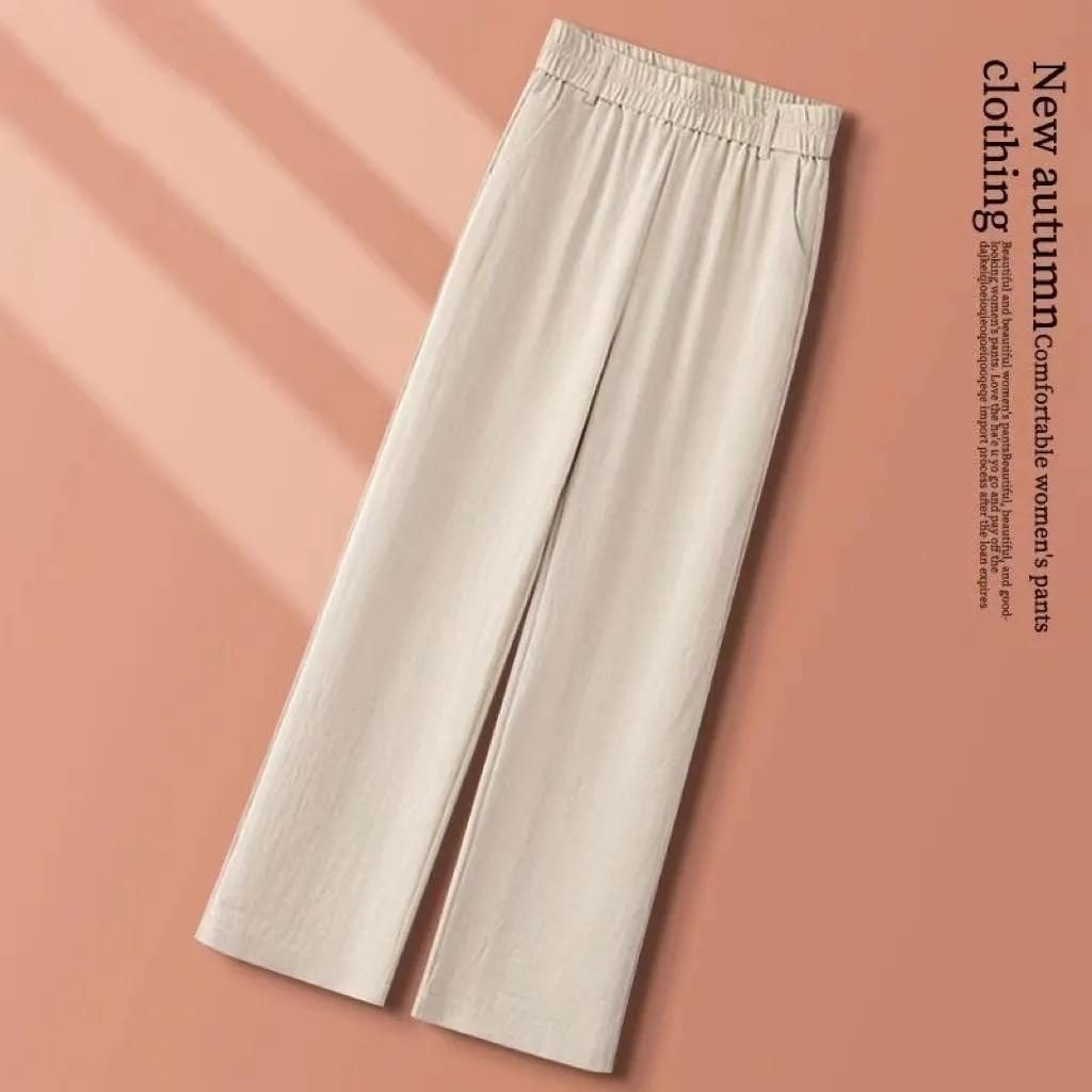 Casual Elastic Waist Straight Suit Pants Women Summer Thin Ice Silk Wide Leg Pants Office Ladies All-Match Solid Linen Trousers