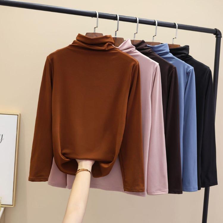Ladies Winter Tops Women Slim Fit Long Sleeve Thick Tshirt Semi High Neck Underwear for Autumn