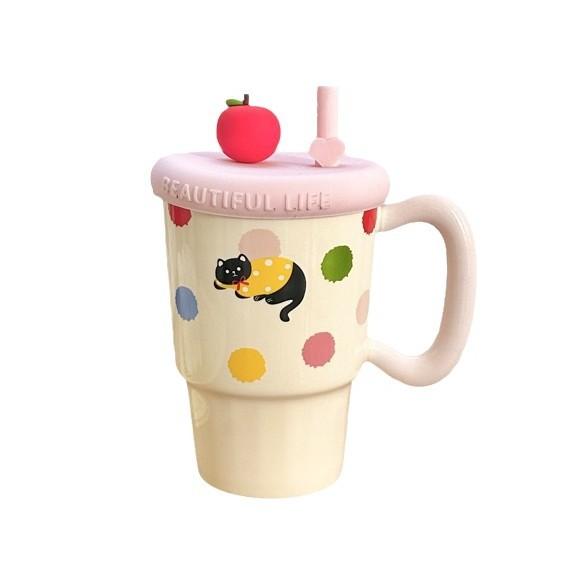 Apple Mug with Lid with Straw Cup Ceramic High Looking Girl's Heart Cup for Birthday Gift