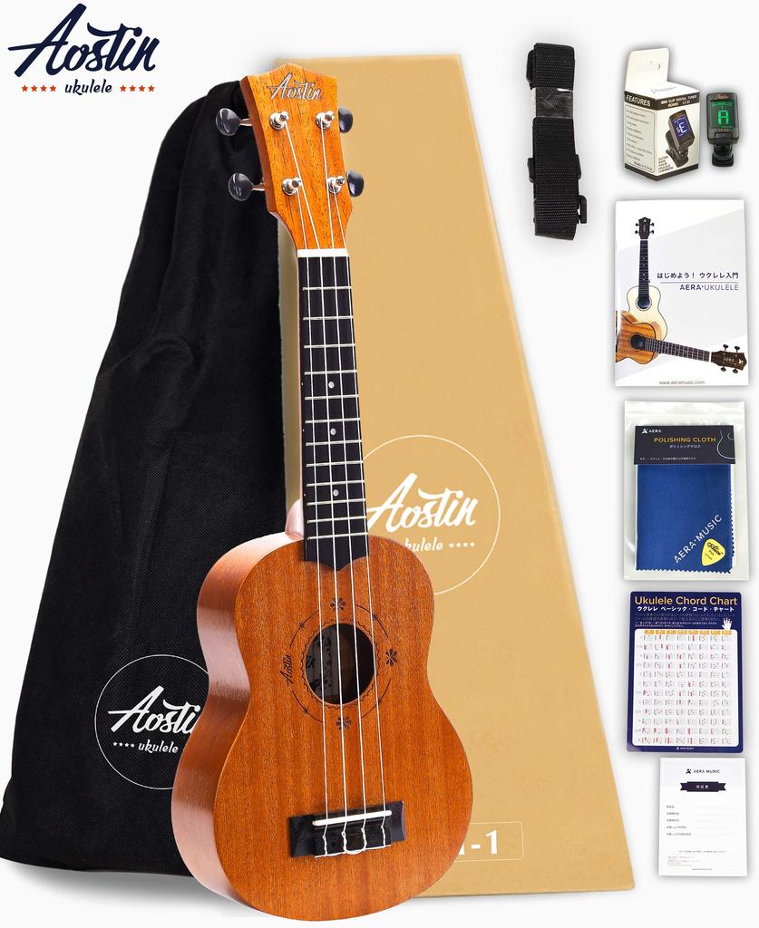Aostin Austin soprano ukulele mahogany wood set including instruction UMI-1 (8-piece warranty, tuner, book, etc.)