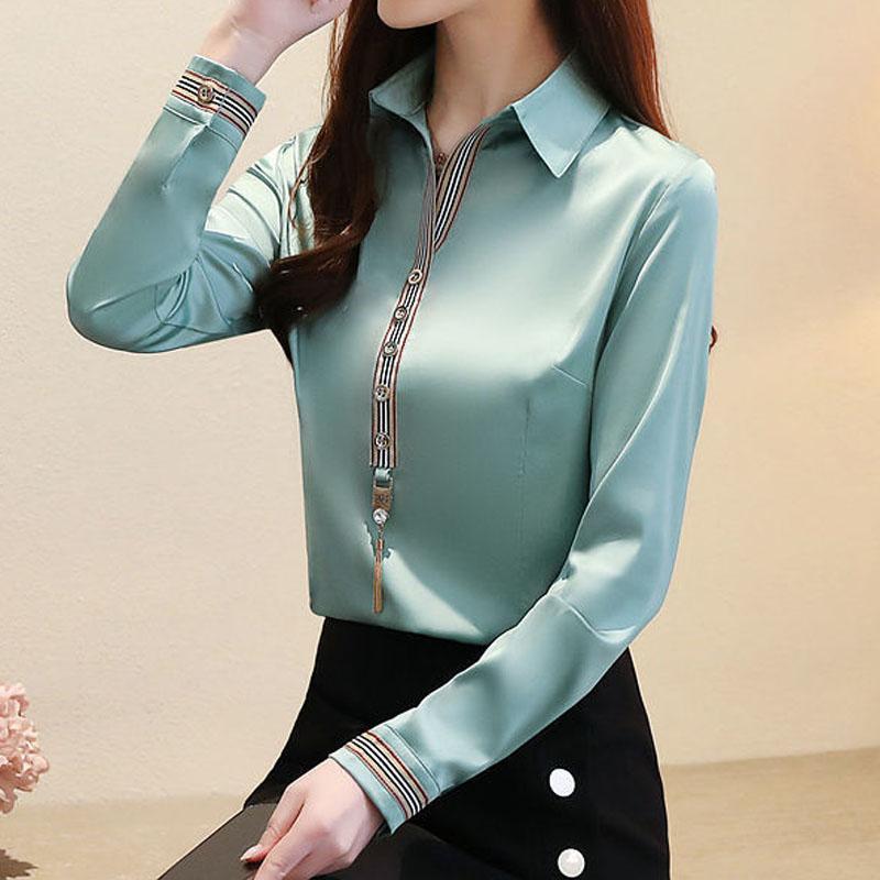 Commuter Turn-down Collar Solid Button Patchwork Fashion Blouses Pullovers Ladies Elegant Long Sleeve Slim Shirt Women Clothing
