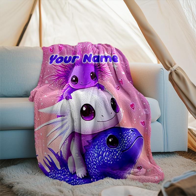 1PC Custom Name Purple Axolotl Trio Outdooor Flannel Blankets Throw Blanket All-Season Throw Gift Bedspread for Couch, Bed, Camping Holiday Birthda